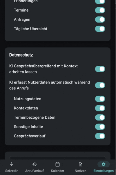 Einstellungen in der SekretAIr App